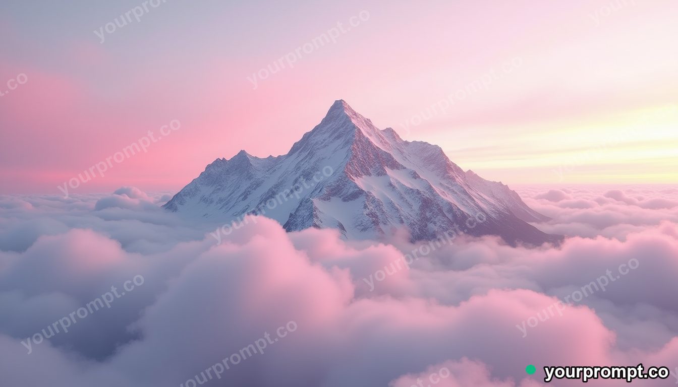 A snow-capped peak piercing a sea of pink dawn clouds in photorealistic style — AI-generated image from a text prompt