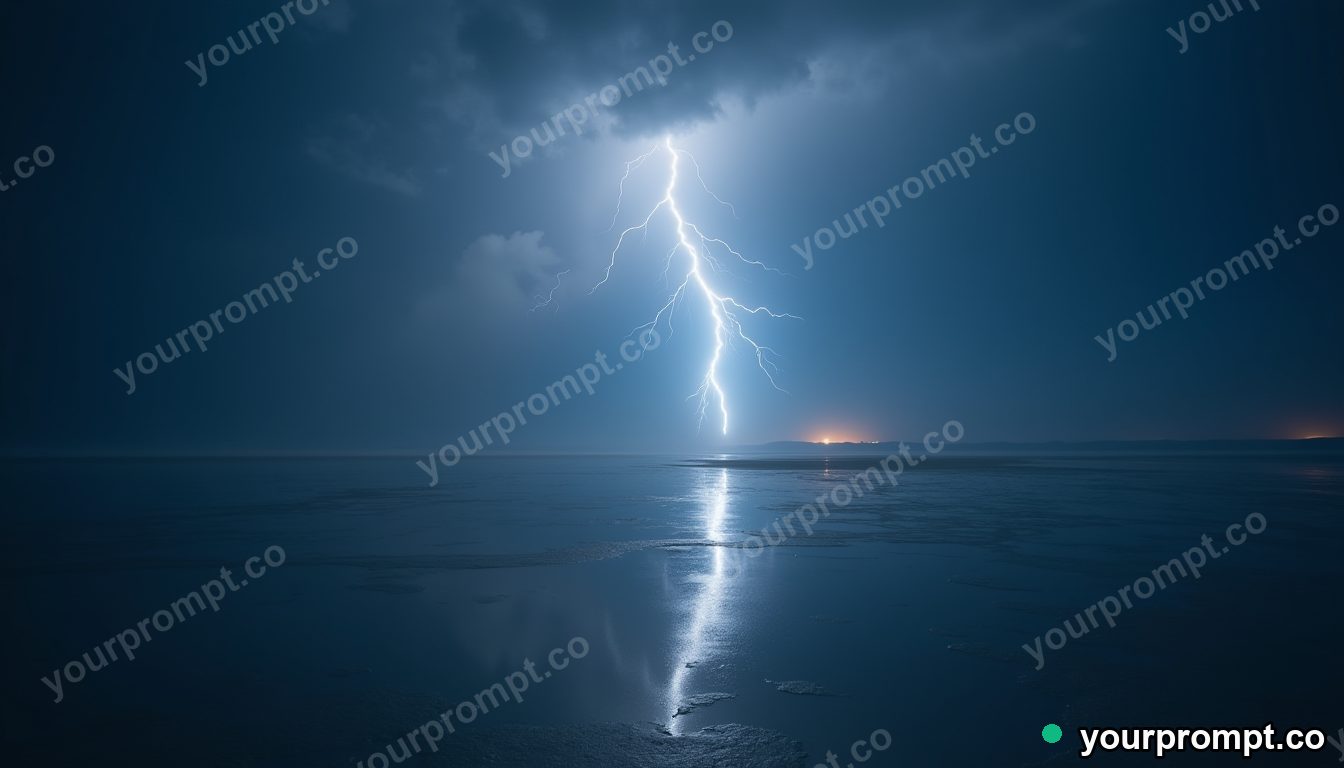 A lightning storm reflected across a vast salt-flat mirror in cinematic film still style — AI-generated image from a text prompt