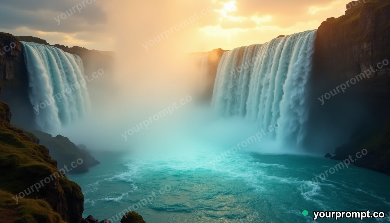 A misty waterfall plunging into a glowing turquoise pool in golden-hour photography style — AI-generated image from a text prompt