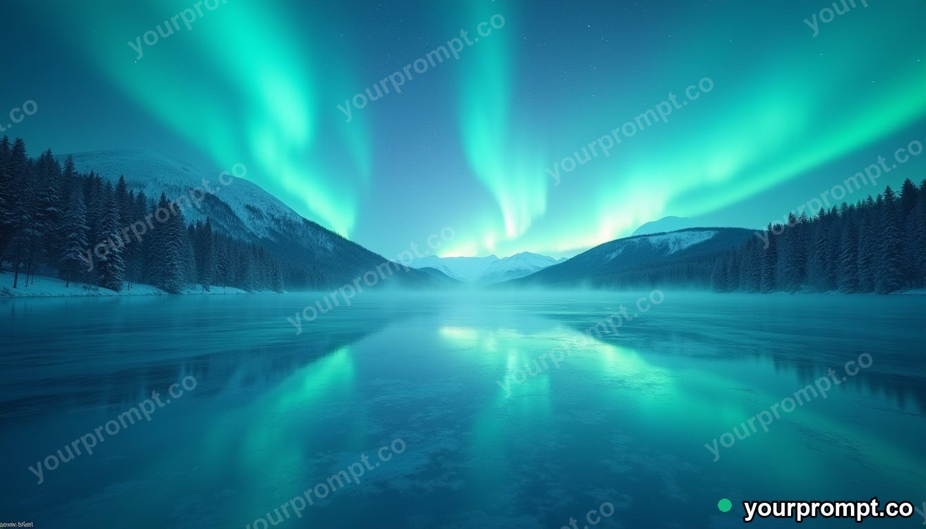 A frozen lake perfectly reflecting the northern lights in ethereal long-exposure style — AI-generated image from a text prompt