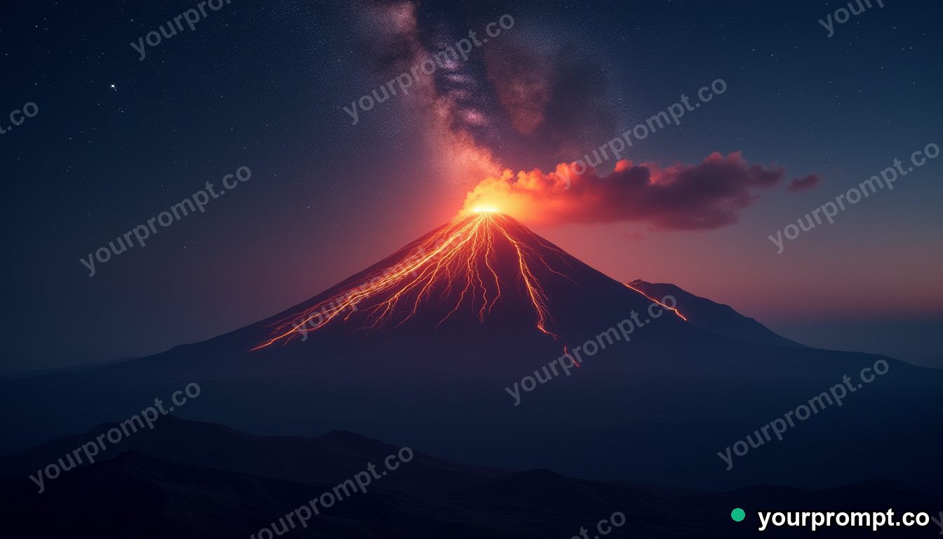 A volcanic ridge glowing under a star-filled sky in photorealistic style — AI-generated image from a text prompt