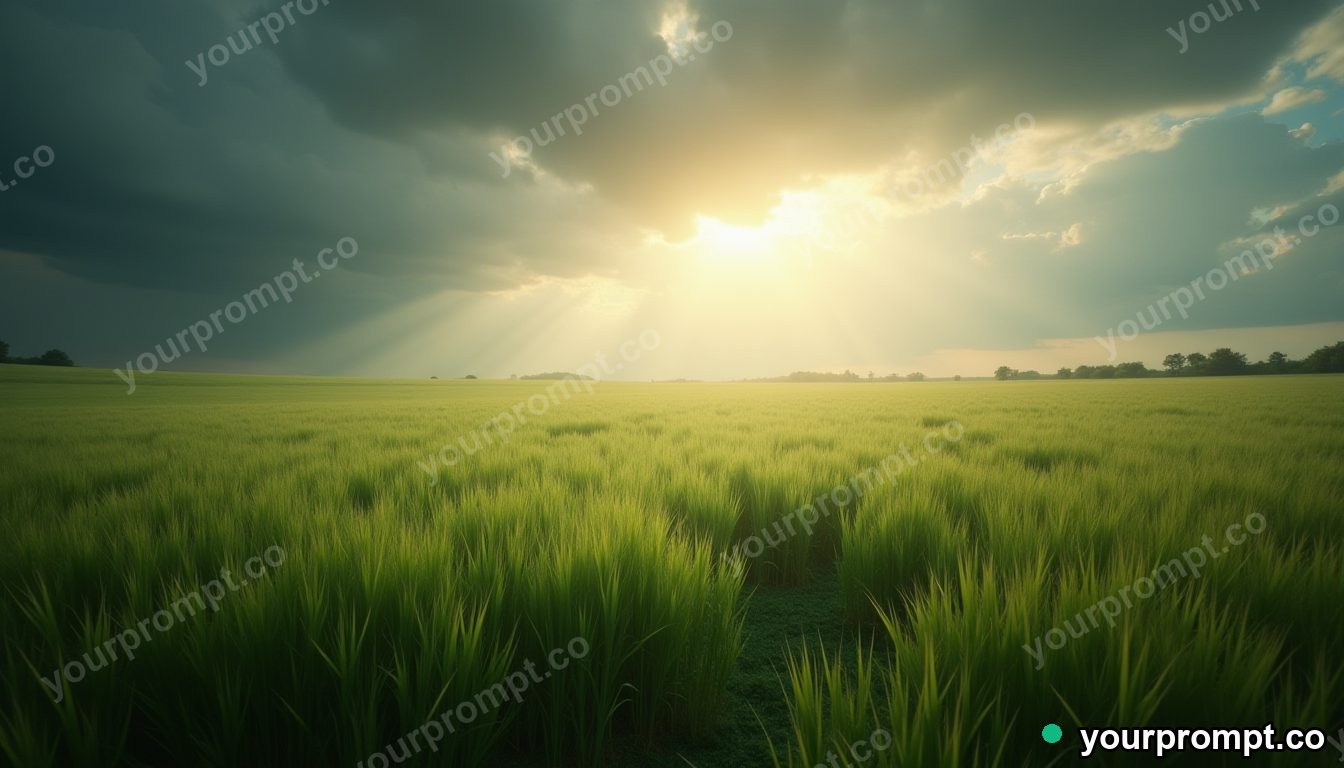 A field of tall grass rippling under a dramatic stormy sky in cinematic film still style — AI-generated image from a text prompt