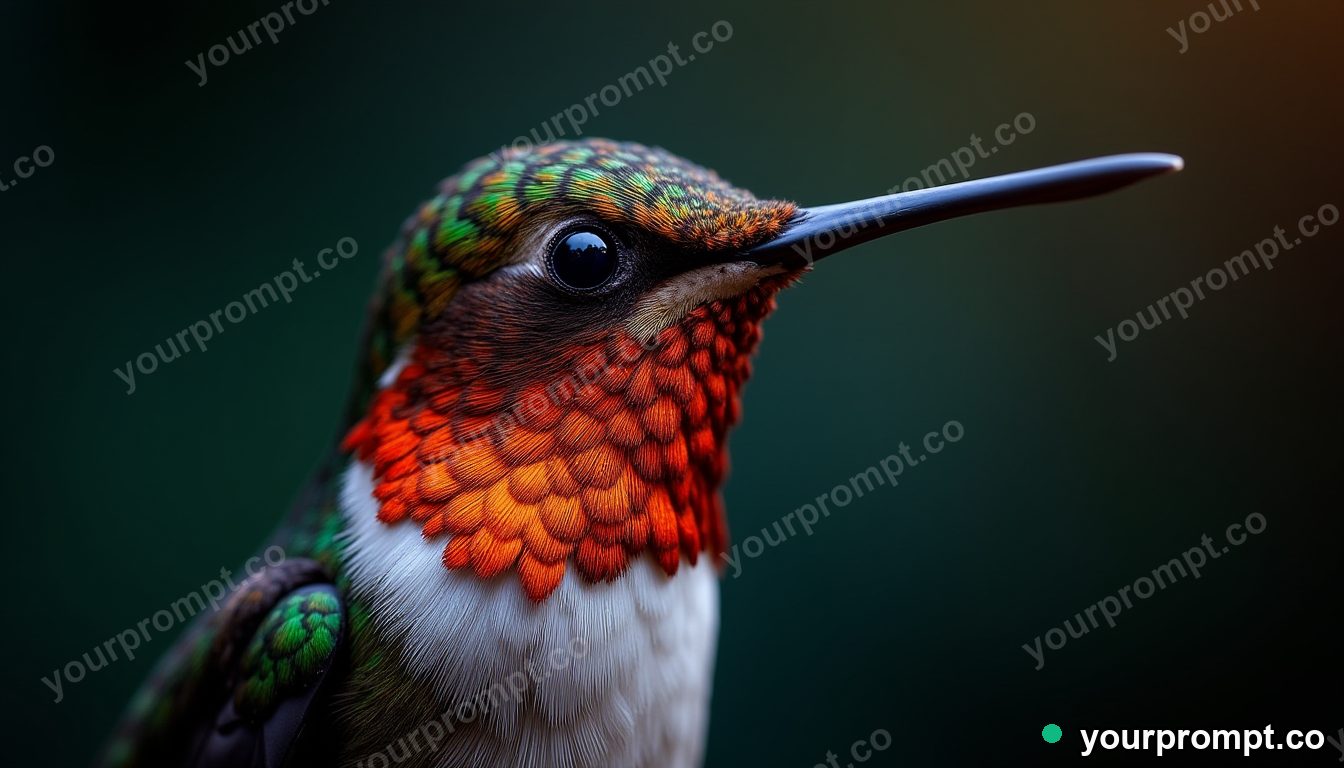 The shimmering throat feathers of a hummingbird in extreme macro photograph style — AI-generated image from a text prompt