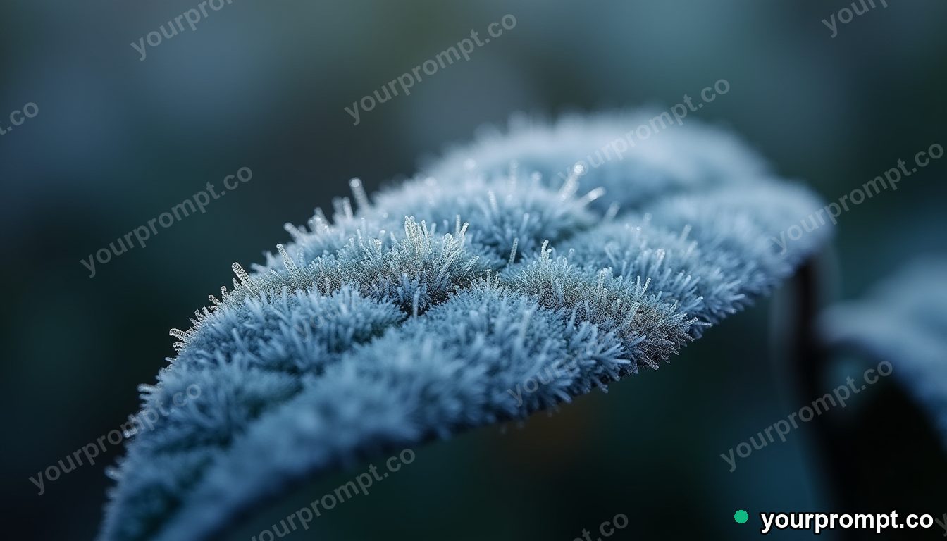 A frost crystal forming on a dark leaf in extreme macro photograph style — AI-generated image from a text prompt