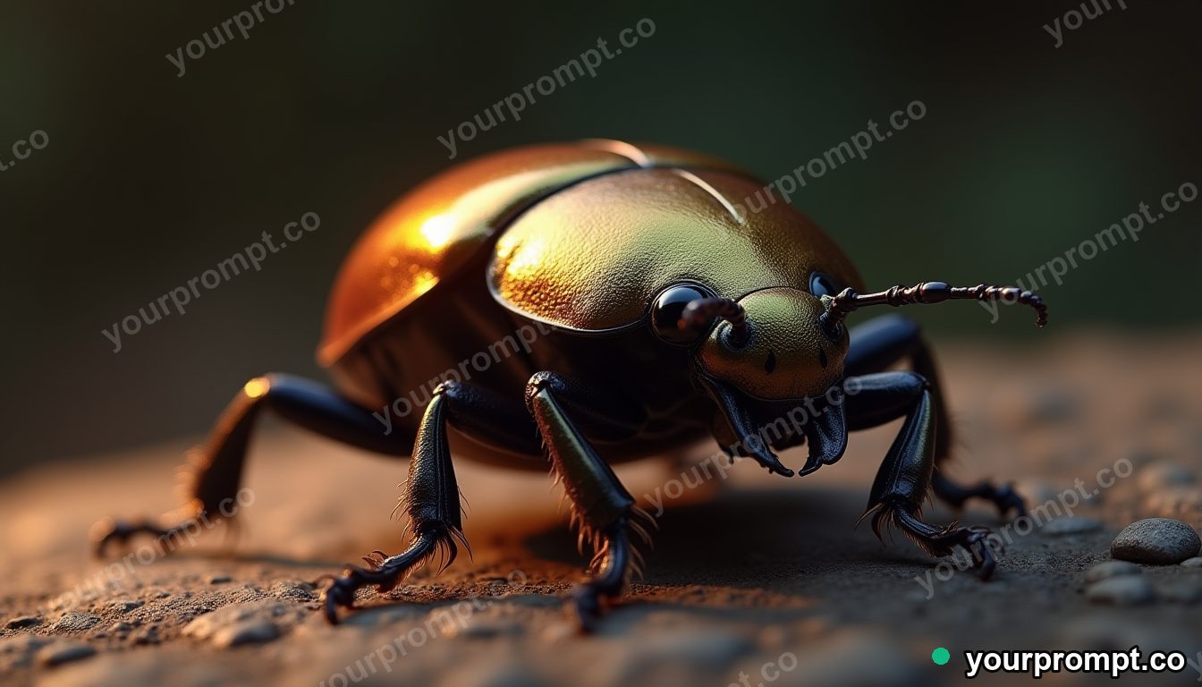 A beetle's metallic shell catching the light in hyperrealistic style — AI-generated image from a text prompt