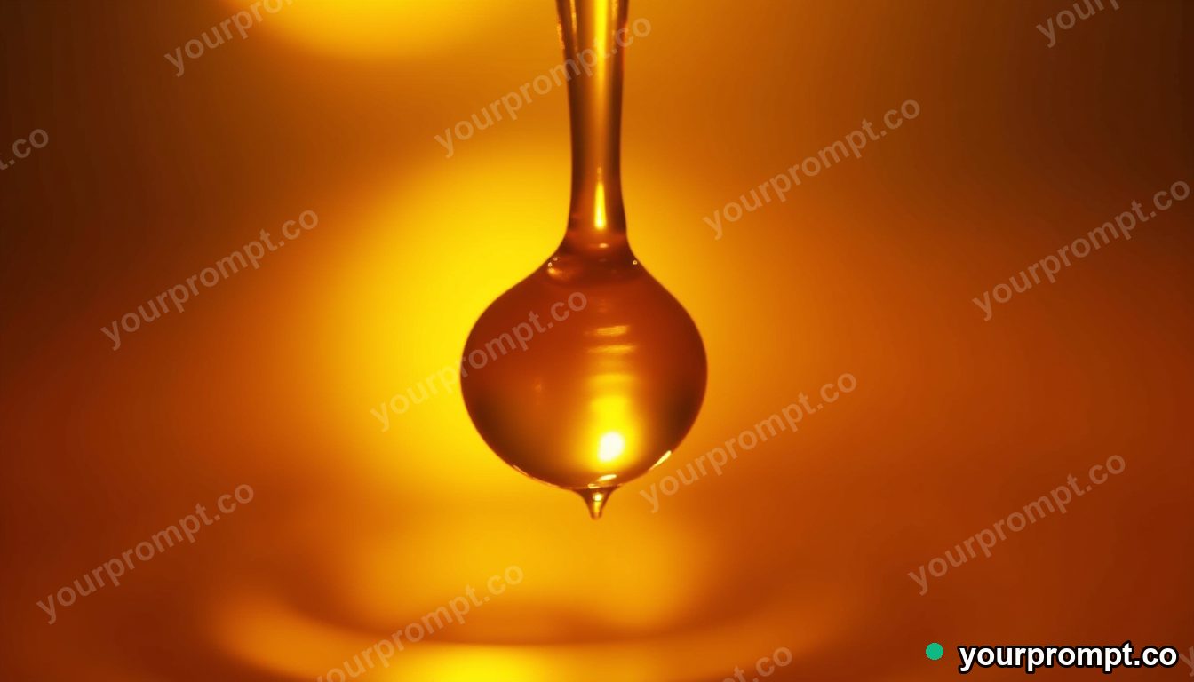 A drop of honey stretching with golden light glowing through it in extreme macro photograph style — AI-generated image from a text prompt