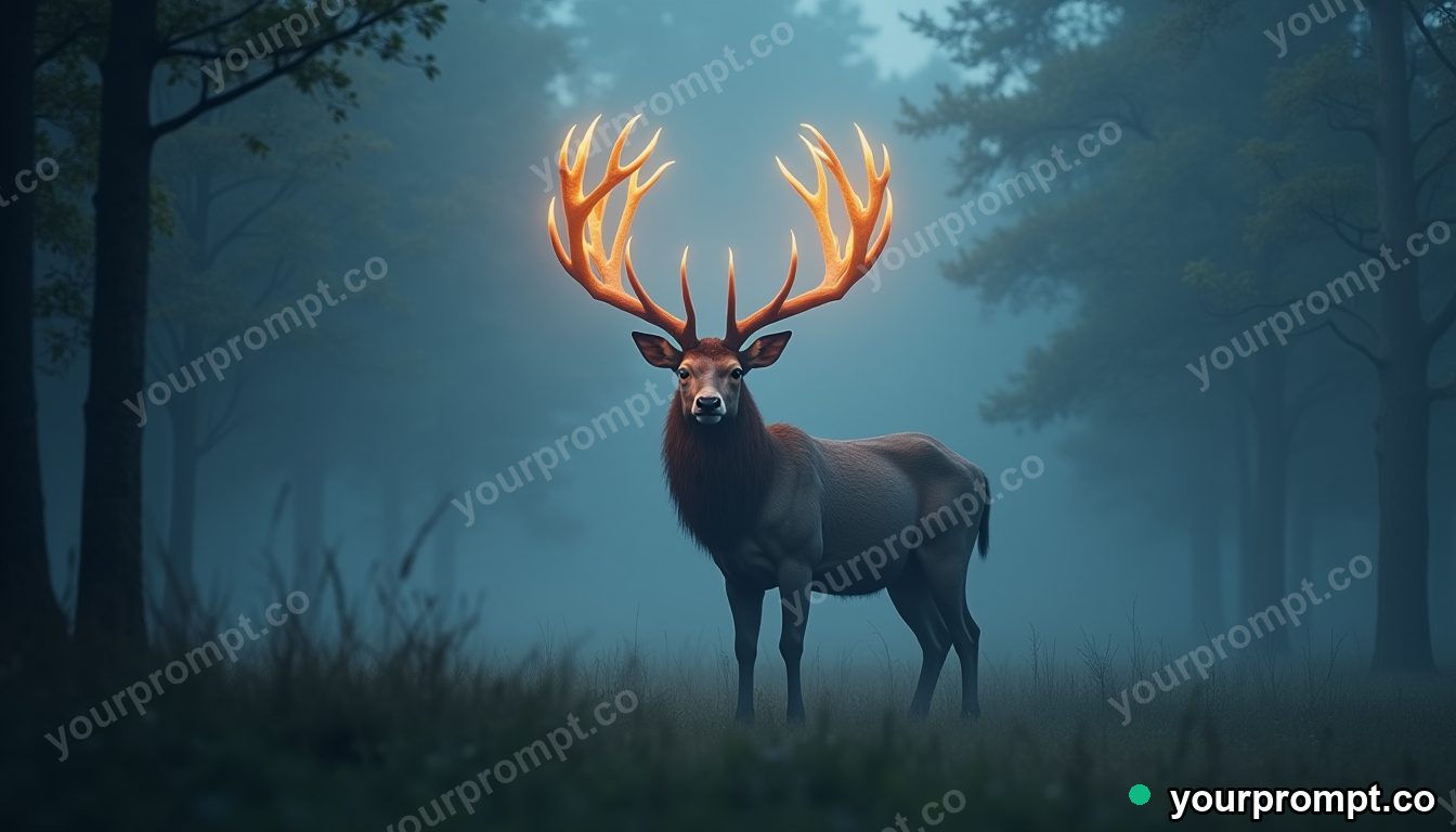 A gentle giant stag with softly glowing antlers in a misty glade in epic fantasy concept art style — AI-generated image from a text prompt