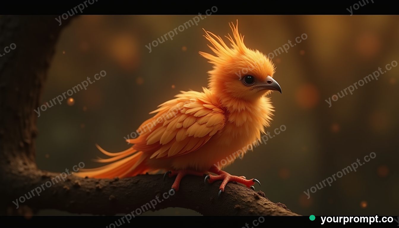 A baby phoenix with warm glowing feathers perched on a branch in cinematic film still style — AI-generated image from a text prompt
