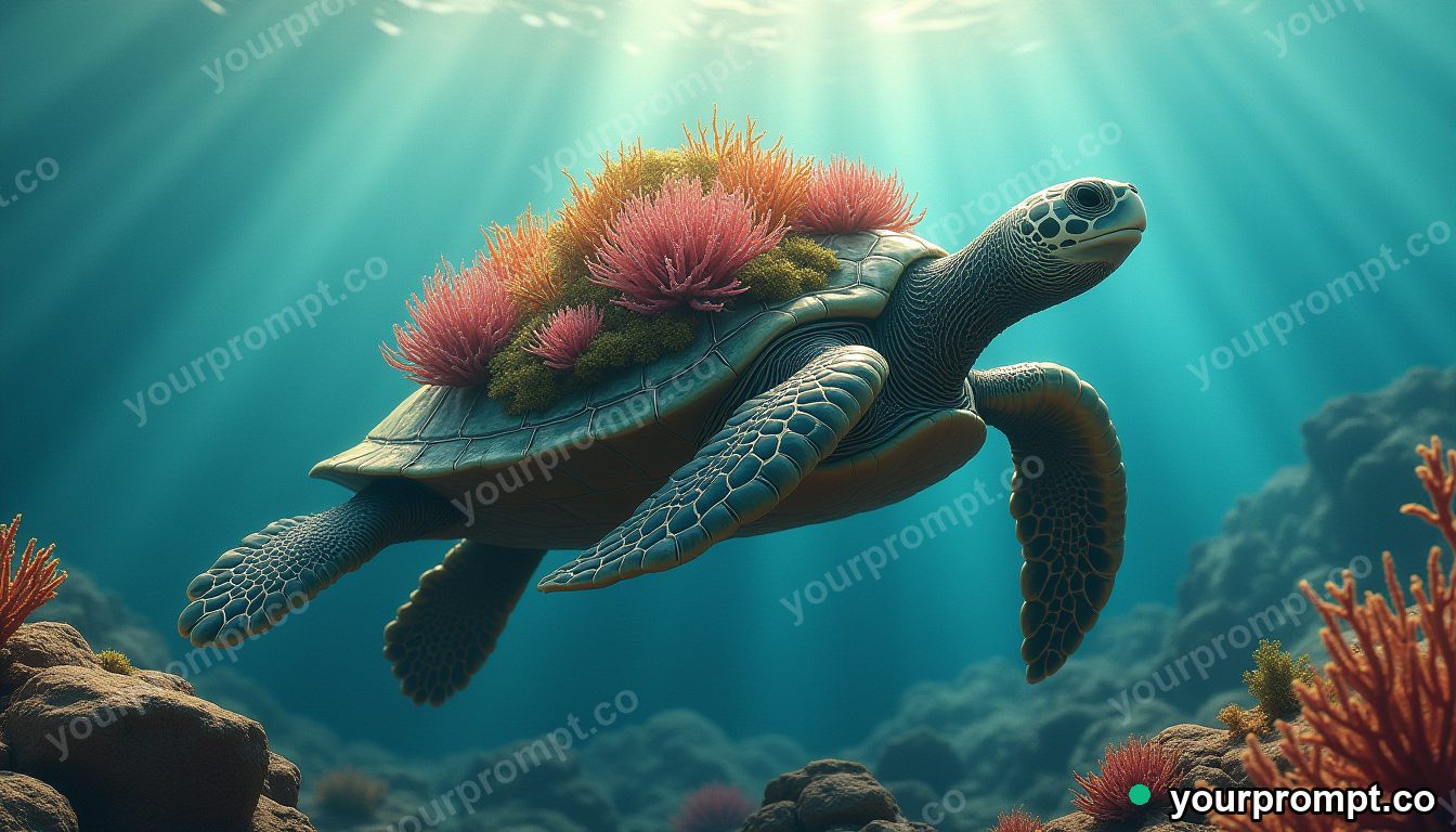 A colossal turtle carrying a lush coral reef on its back in matte concept painting style — AI-generated image from a text prompt