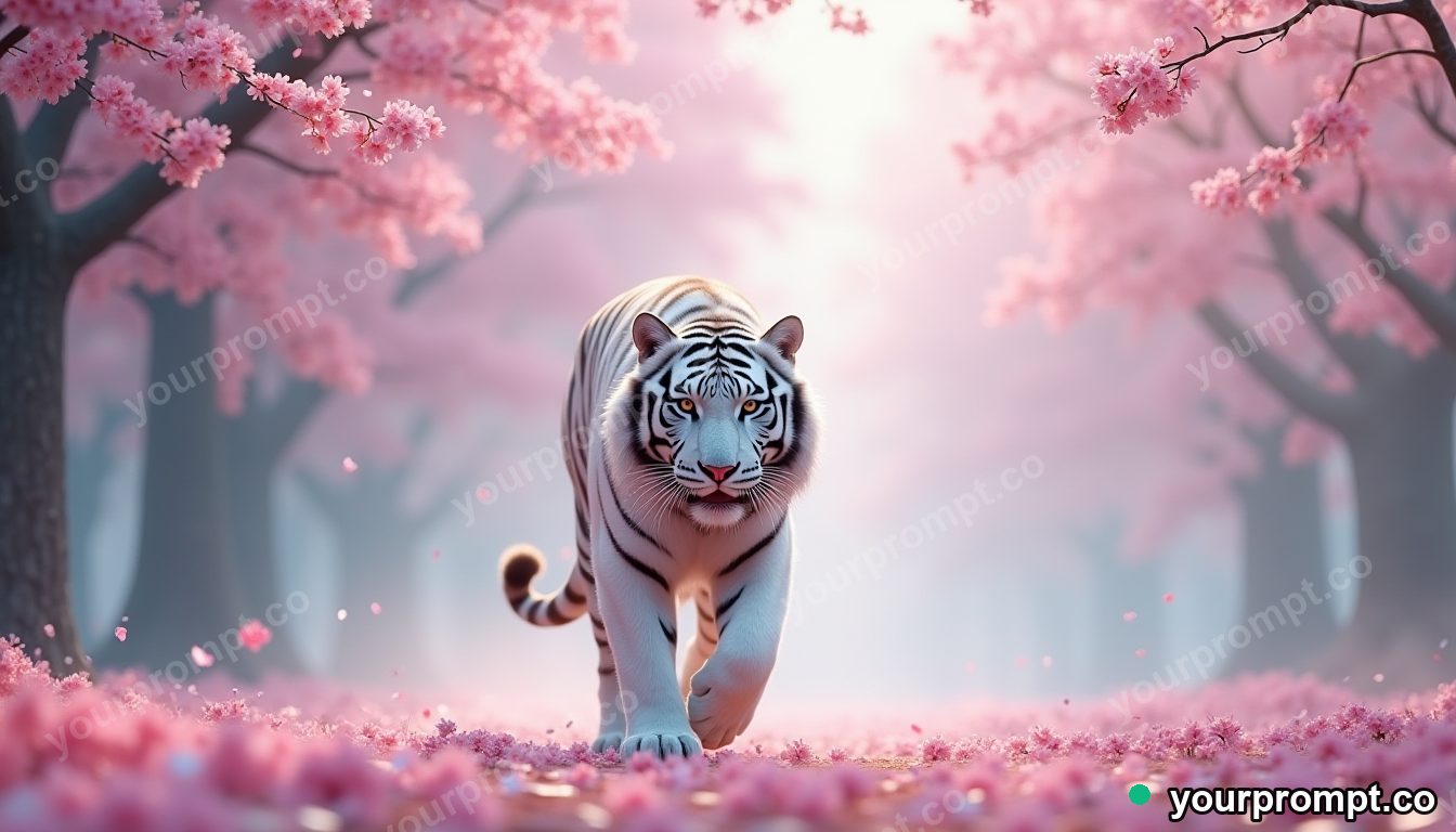 A serene white tiger walking through falling cherry blossoms in epic fantasy concept art style — AI-generated image from a text prompt