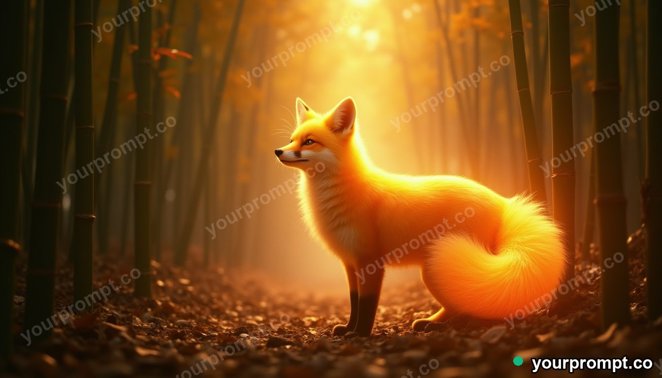 A nine-tailed fox spirit glowing softly in a bamboo grove in cinematic film still style — AI-generated image from a text prompt