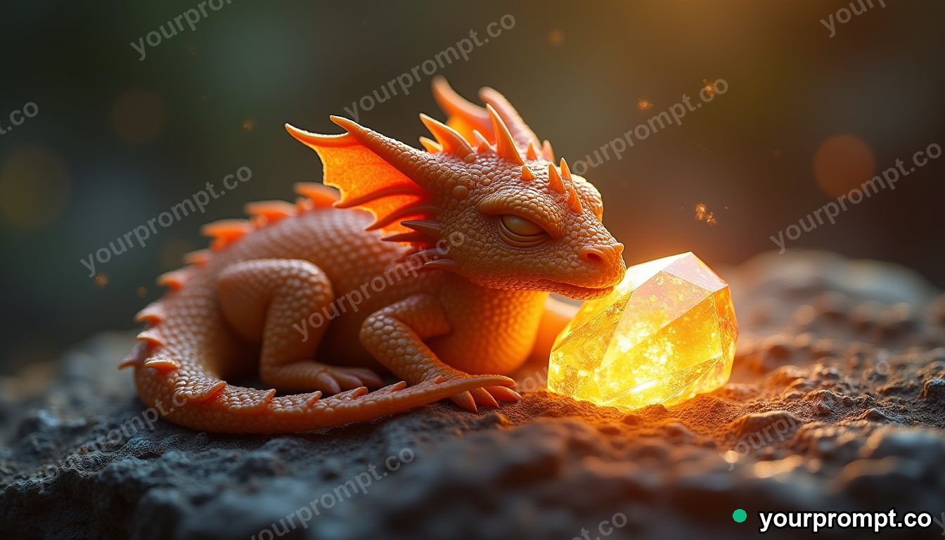 A small dragon curled asleep around a glowing crystal in matte concept painting style — AI-generated image from a text prompt
