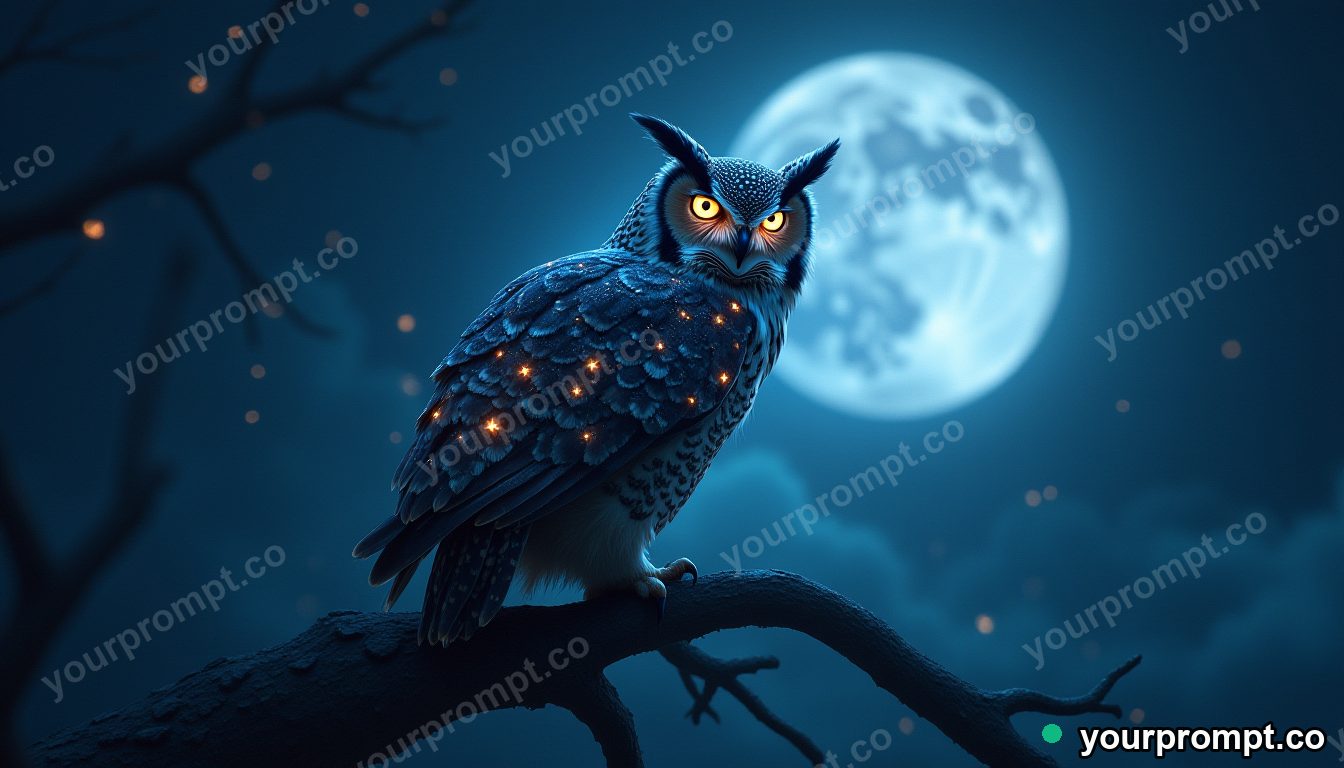 A great owl with starlit feathers perched beneath the moon in epic fantasy concept art style — AI-generated image from a text prompt