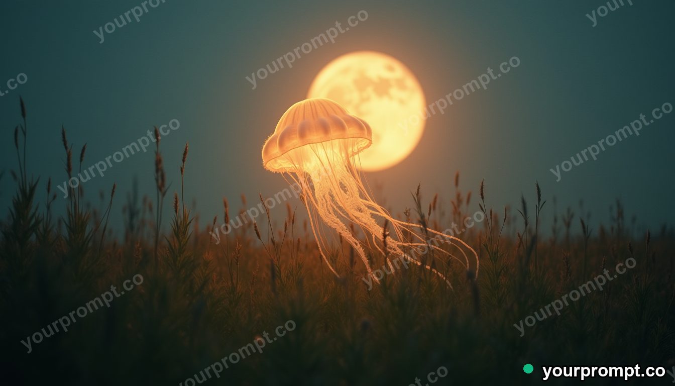 A luminous jellyfish-like creature drifting over a moonlit meadow in cinematic film still style — AI-generated image from a text prompt