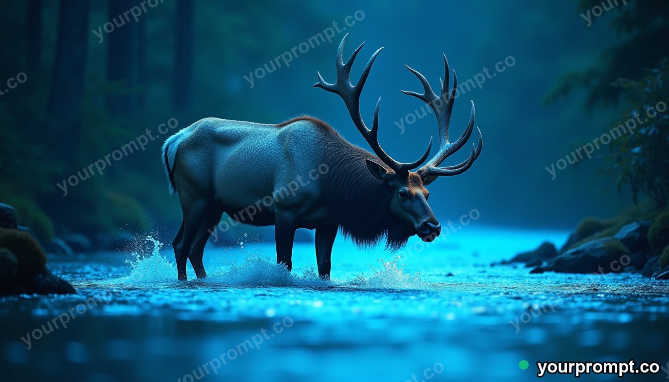 A great elk wading through a glowing bioluminescent river in matte concept painting style — AI-generated image from a text prompt
