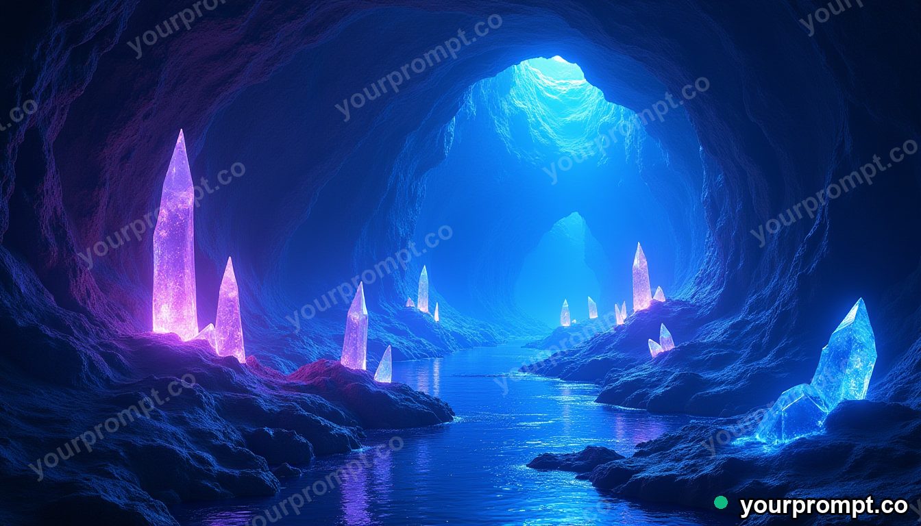 A crystal cave glowing with veins of blue and violet light in epic fantasy concept art style — AI-generated image from a text prompt