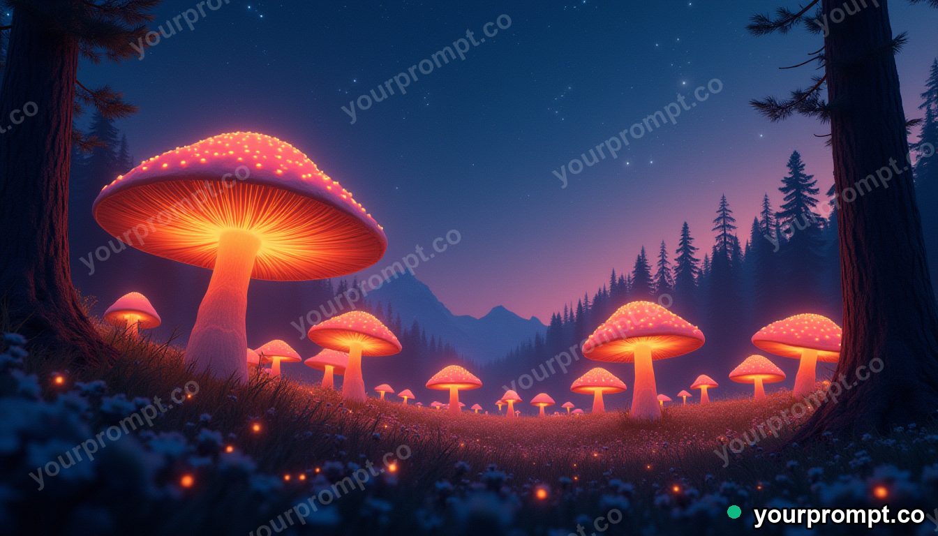 A forest of giant glowing mushrooms under a starry sky in matte concept painting style — AI-generated image from a text prompt