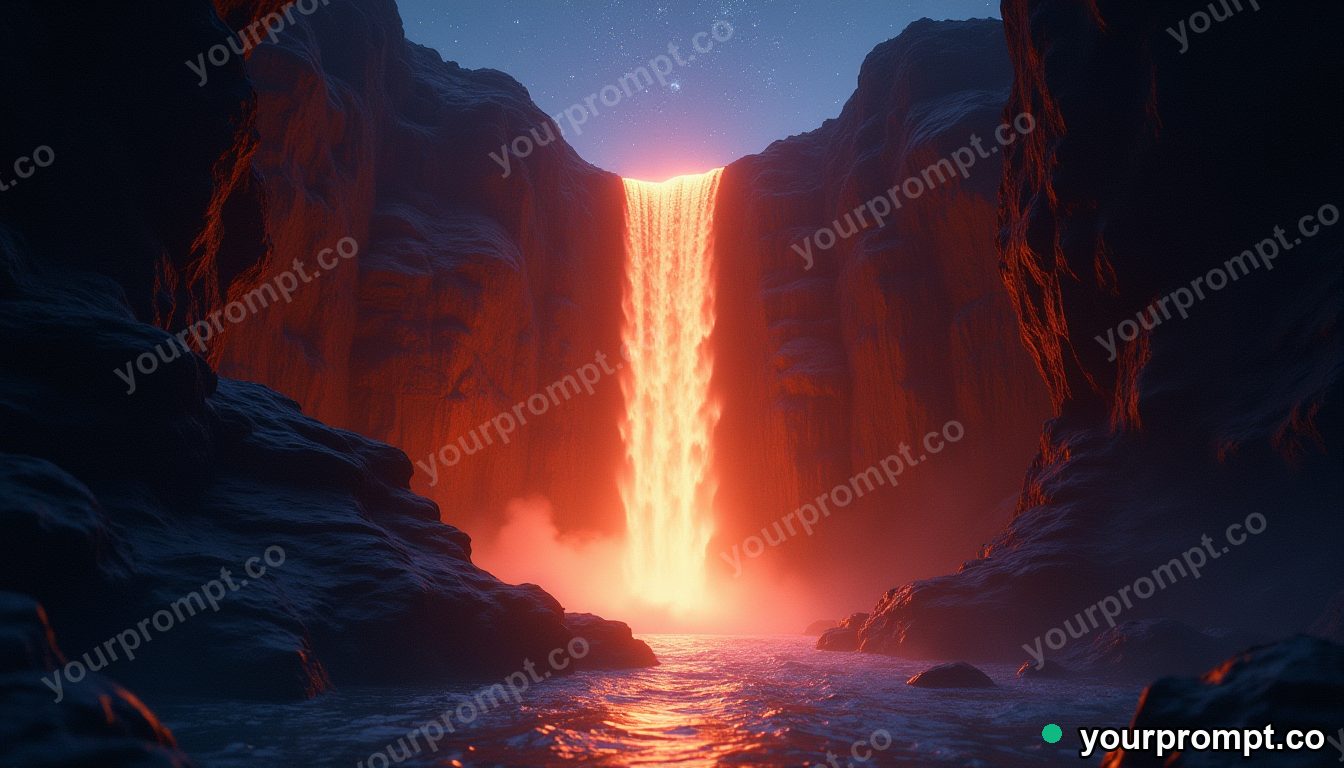A waterfall of liquid light pouring into a glowing canyon in cinematic film still style — AI-generated image from a text prompt