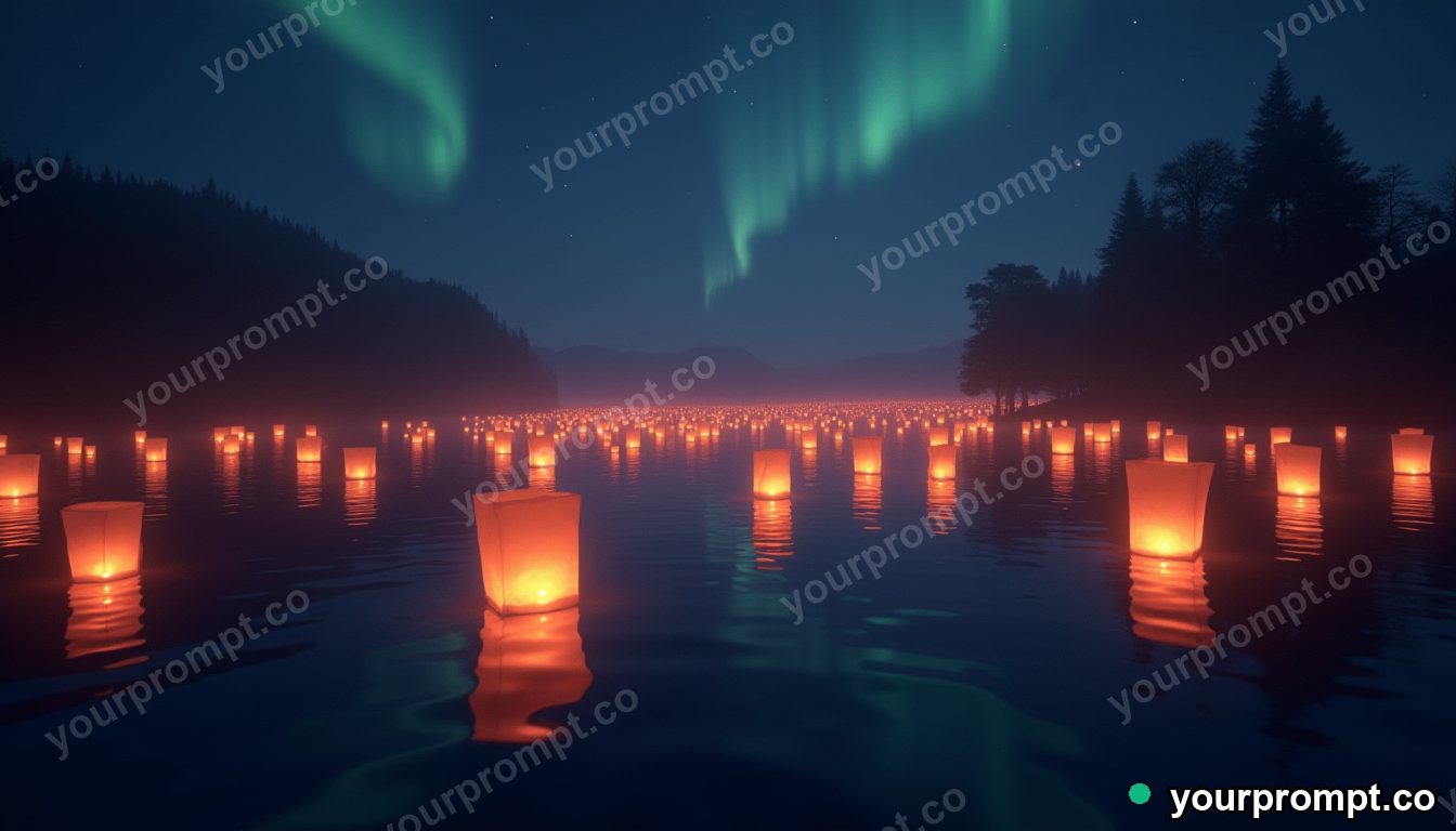 A lantern festival of floating lights drifting over a calm dark lake in matte concept painting style — AI-generated image from a text prompt