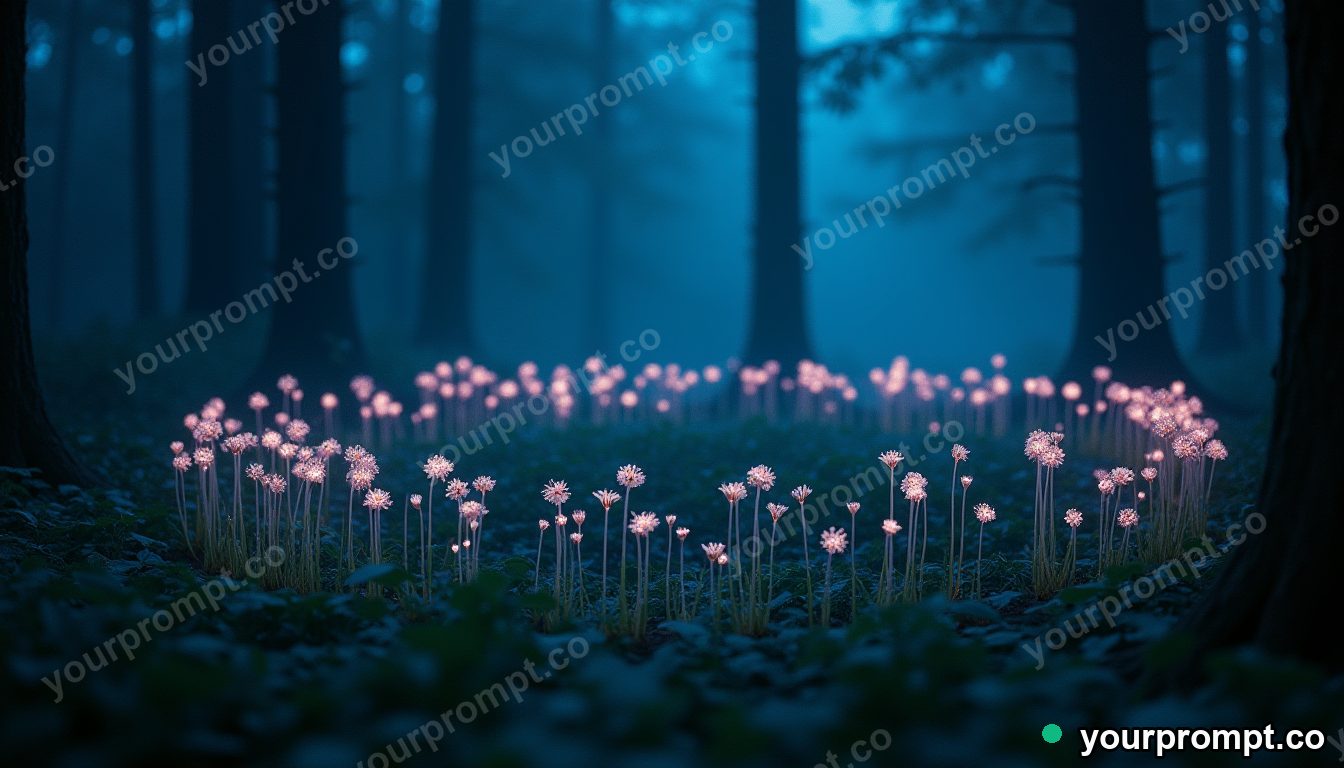 A fairy ring of glowing flowers in a misty midnight forest in cinematic film still style — AI-generated image from a text prompt