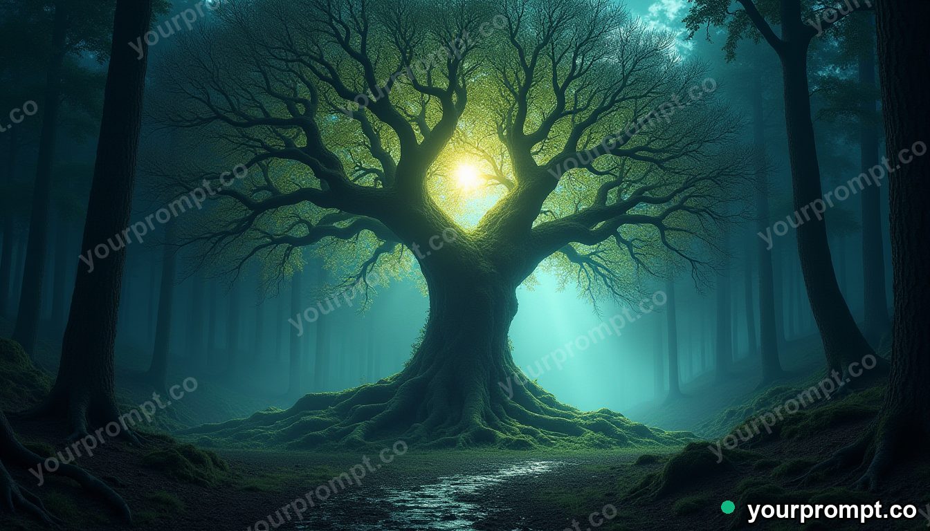 A great tree of light at the heart of a dark enchanted wood in epic fantasy concept art style — AI-generated image from a text prompt