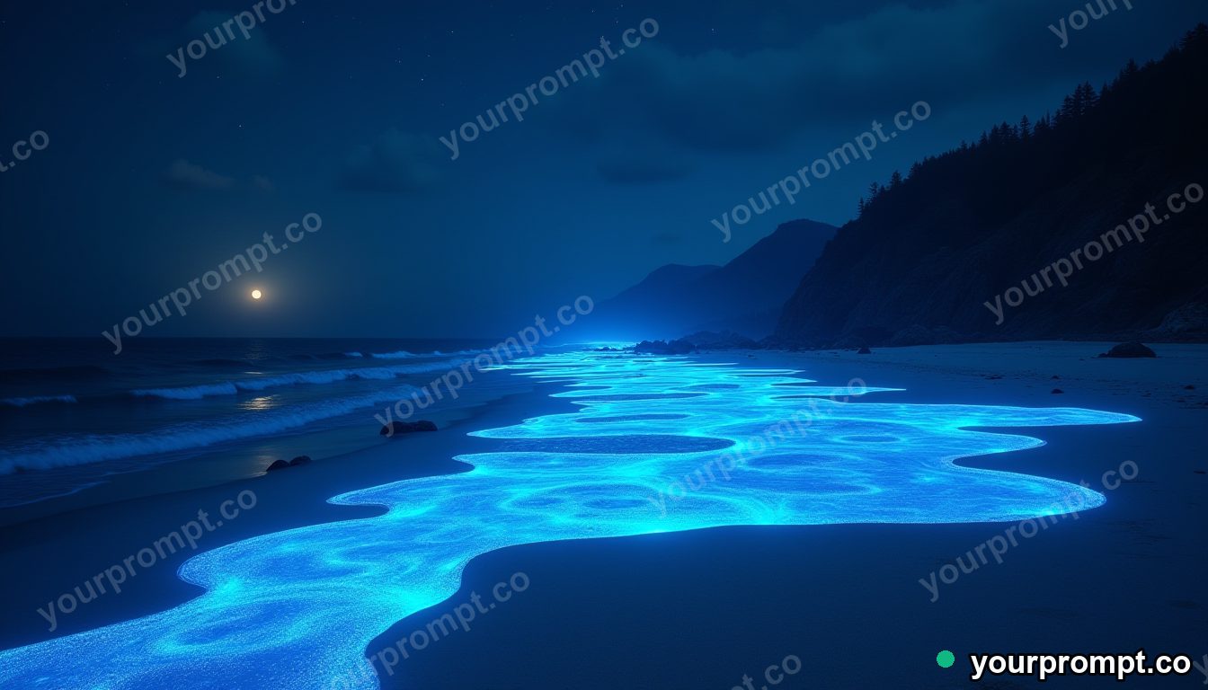 A bioluminescent shoreline with glowing tide pools at night in matte concept painting style — AI-generated image from a text prompt