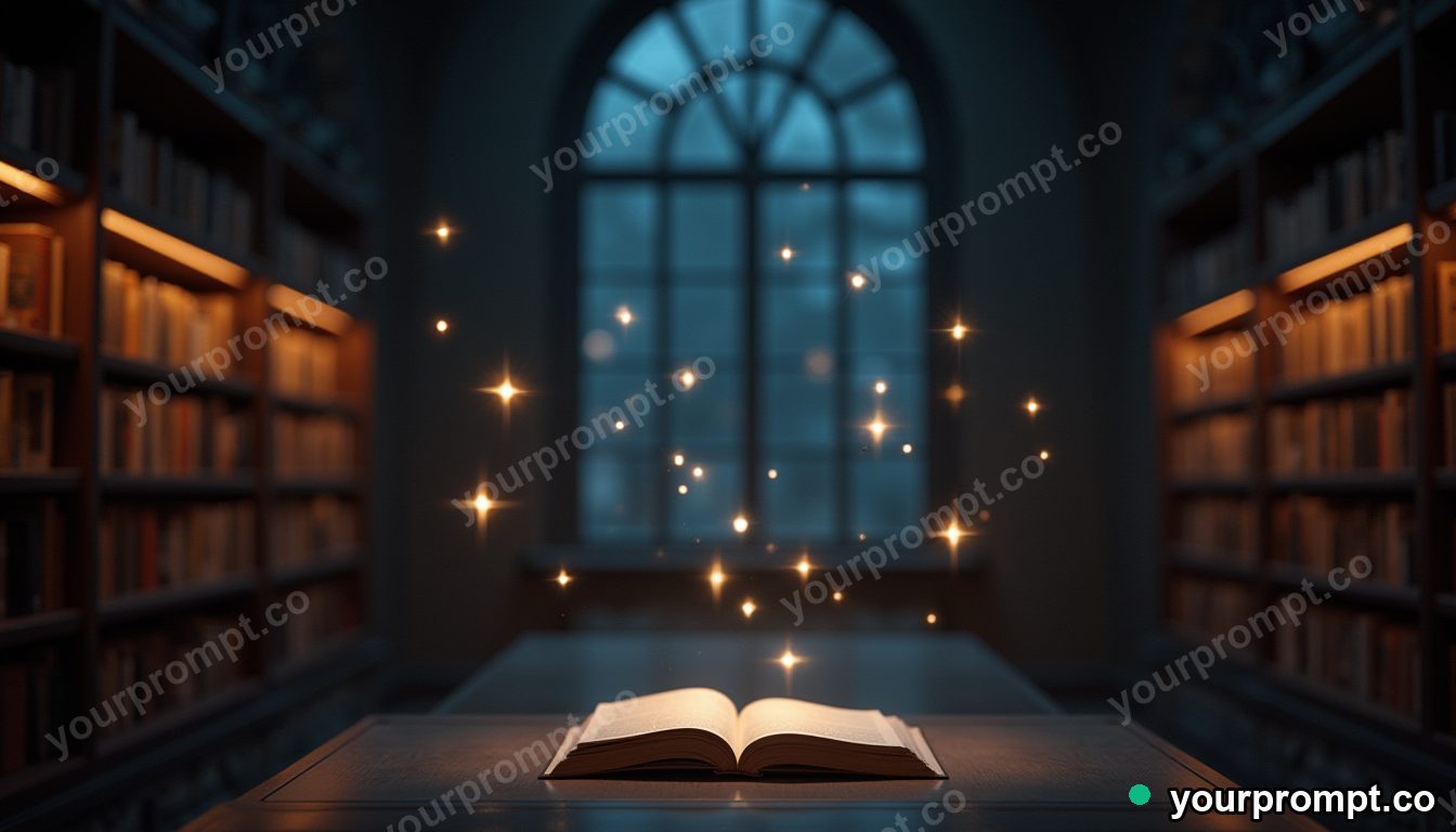A quiet library with softly glowing floating books in cinematic film still style — AI-generated image from a text prompt