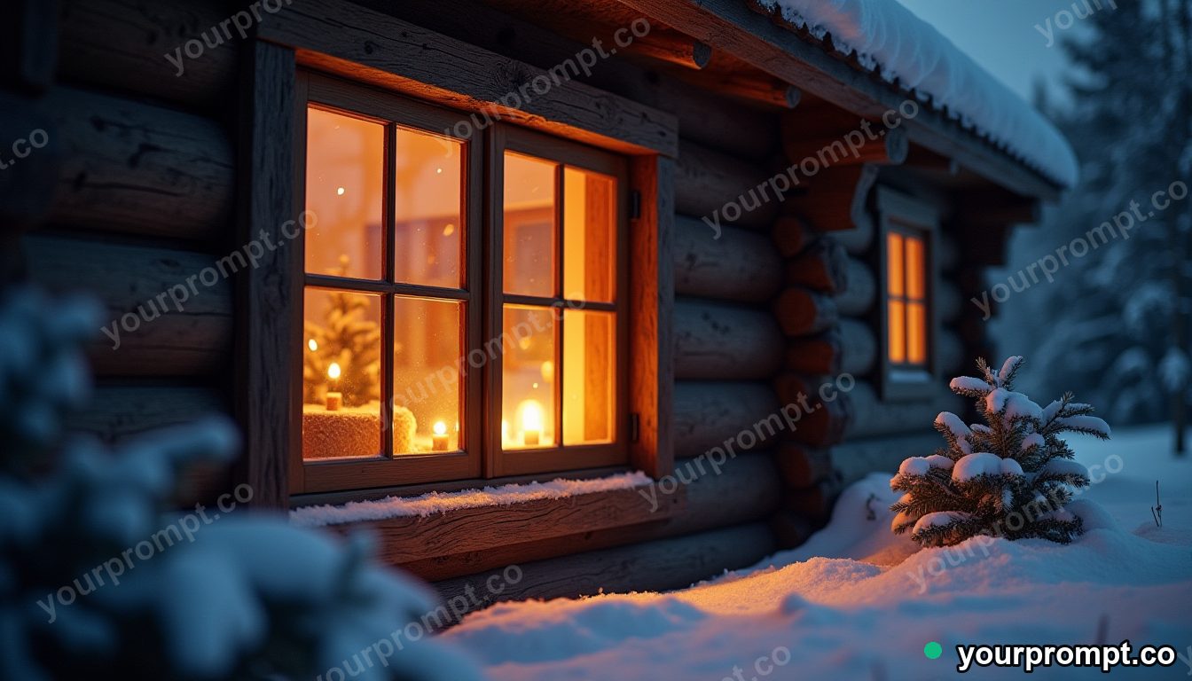 A warm cabin window glowing on a snowy evening in golden-hour photography style — AI-generated image from a text prompt