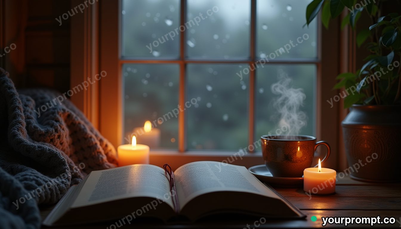 A cozy reading nook with a steaming cup beside a rainy window in photorealistic style — AI-generated image from a text prompt