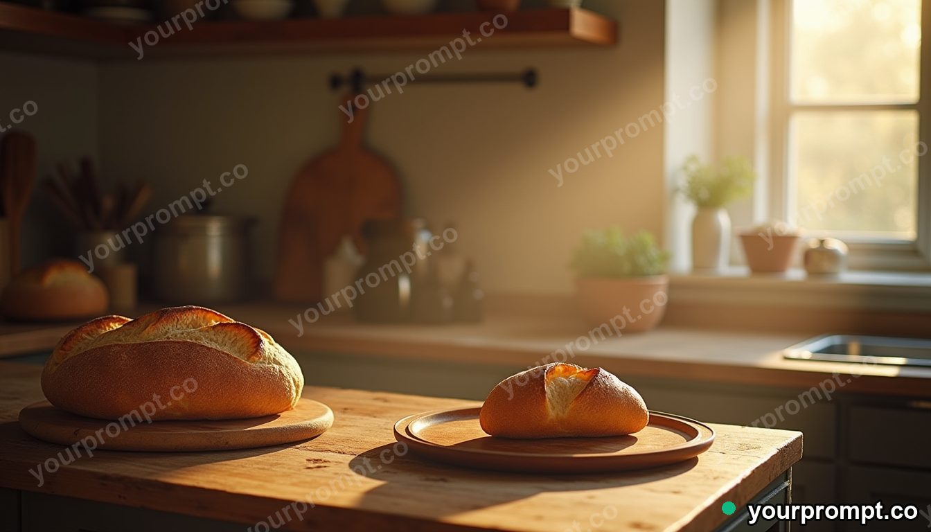 A rustic kitchen in soft morning light with fresh bread in cinematic film still style — AI-generated image from a text prompt