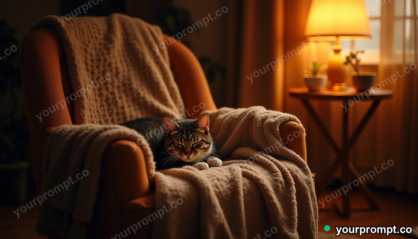 A fireside armchair with a blanket and a sleeping cat in golden-hour photography style — AI-generated image from a text prompt