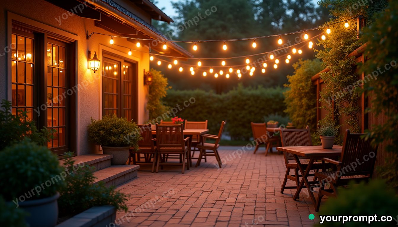 A string-lit garden patio glowing at warm dusk in photorealistic style — AI-generated image from a text prompt