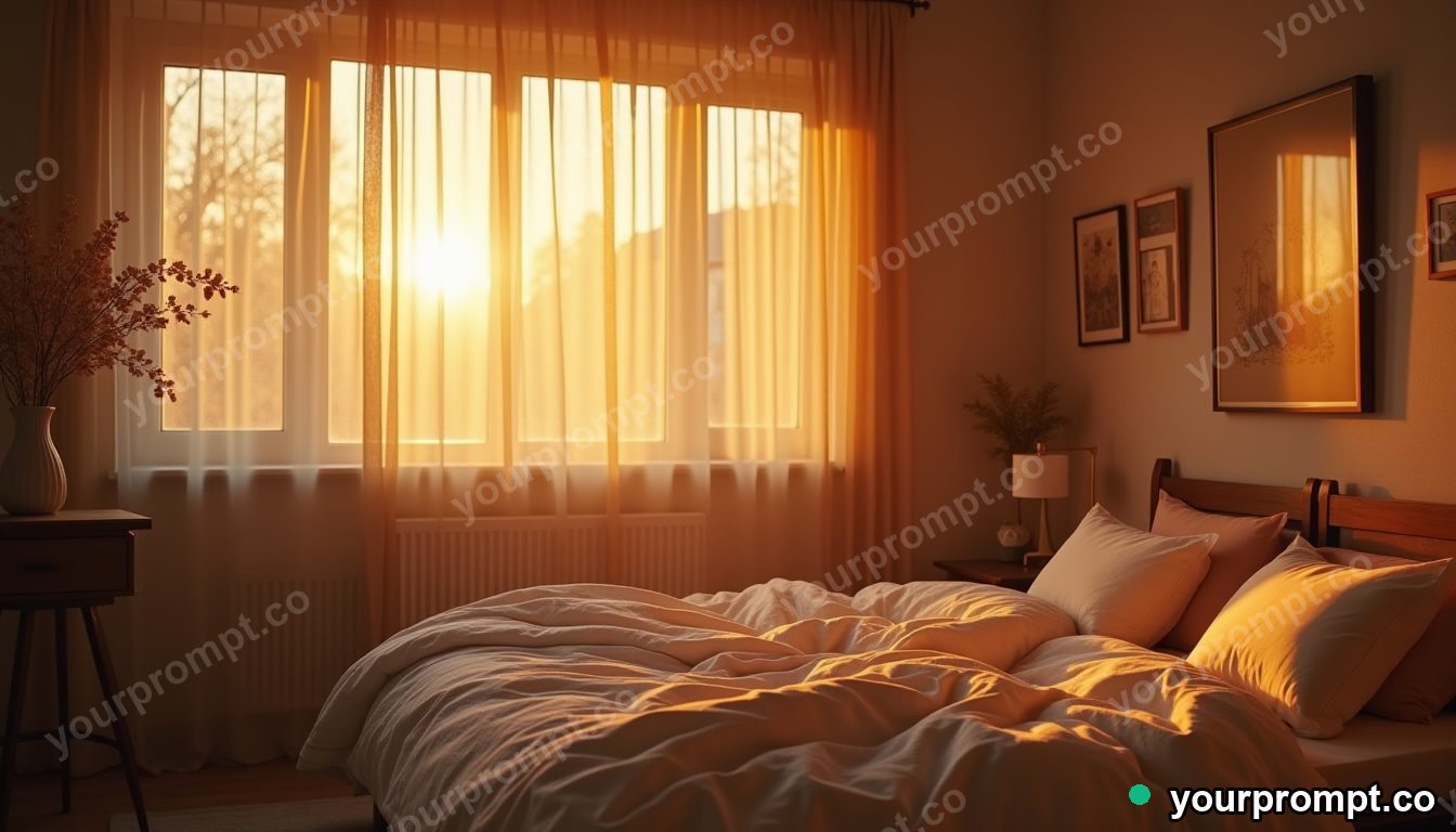 A Scandinavian bedroom bathed in soft golden morning light in cinematic film still style — AI-generated image from a text prompt