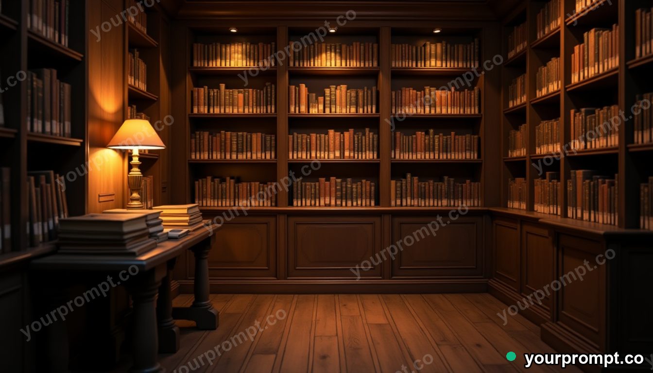 A quiet bookshop corner with warm lamplight and tall shelves in golden-hour photography style — AI-generated image from a text prompt