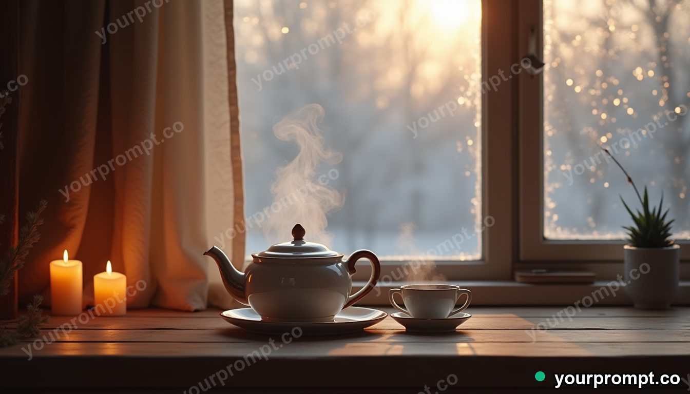 A steaming tea set on a wooden table by a frosty window in photorealistic style — AI-generated image from a text prompt
