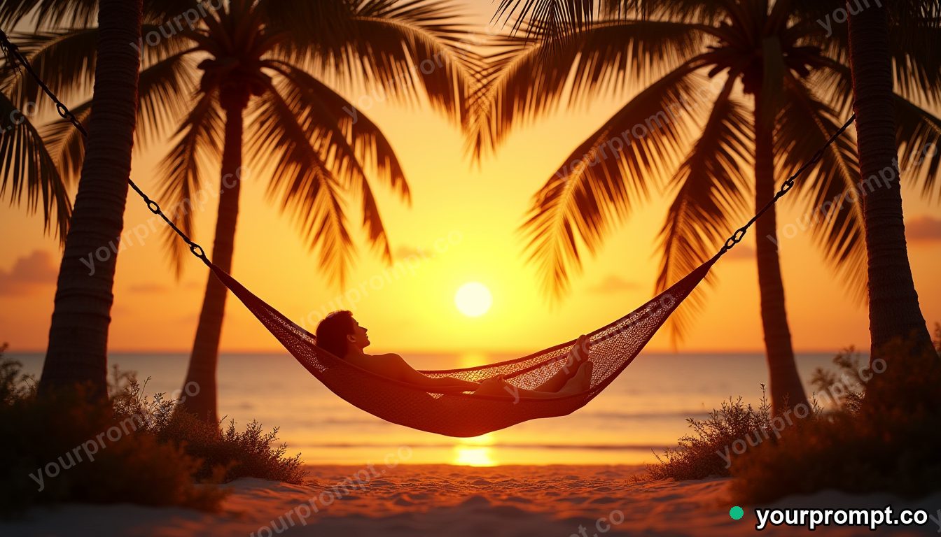 A hammock between palm trees at a golden tropical sunset in cinematic film still style — AI-generated image from a text prompt