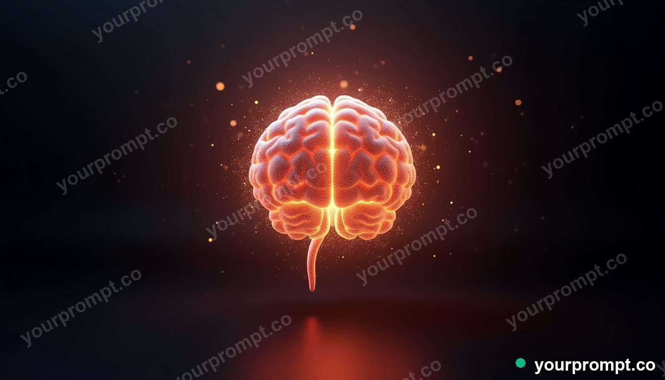 Particles of light coalescing into an abstract glowing brain in hyperrealistic 3D render style — AI-generated image from a text prompt