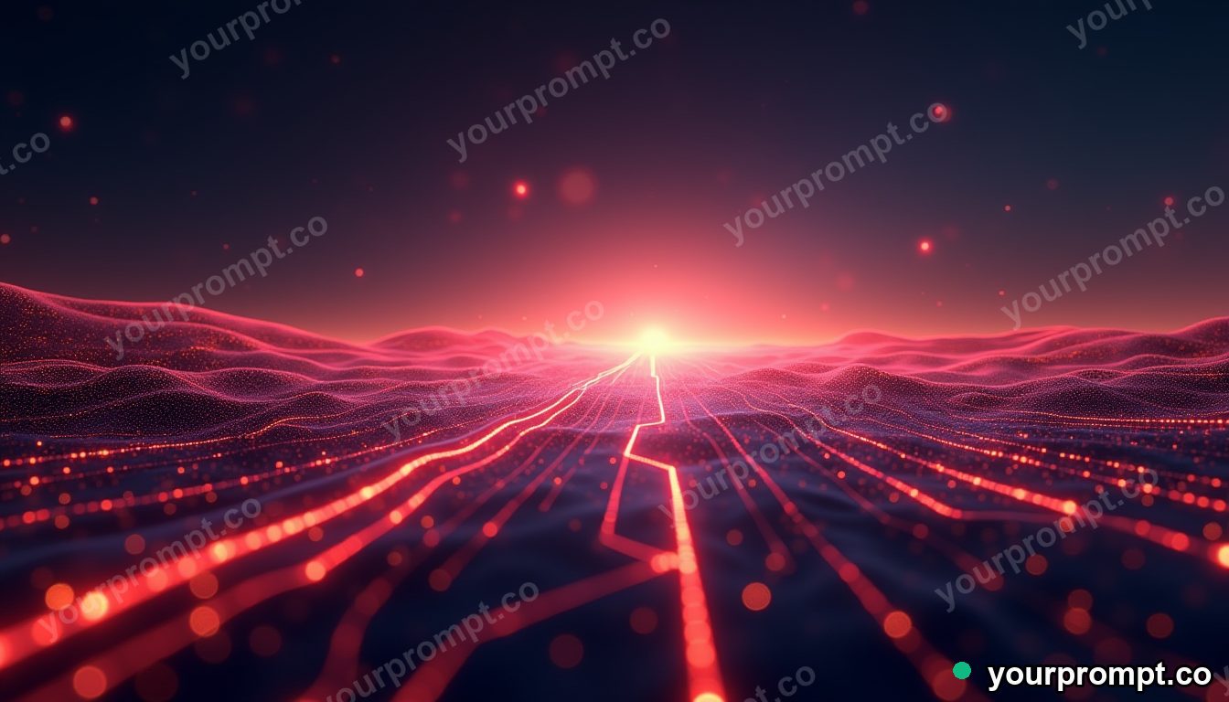 An abstract glowing circuit landscape stretching to the horizon in polished advertising render style — AI-generated image from a text prompt