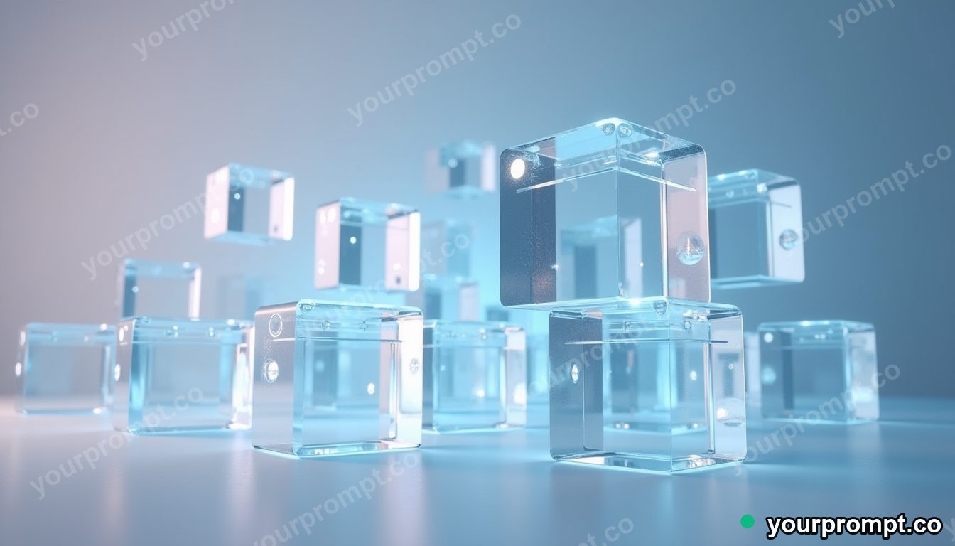 Floating translucent glass data cubes lit with soft light in hyperrealistic 3D render style — AI-generated image from a text prompt