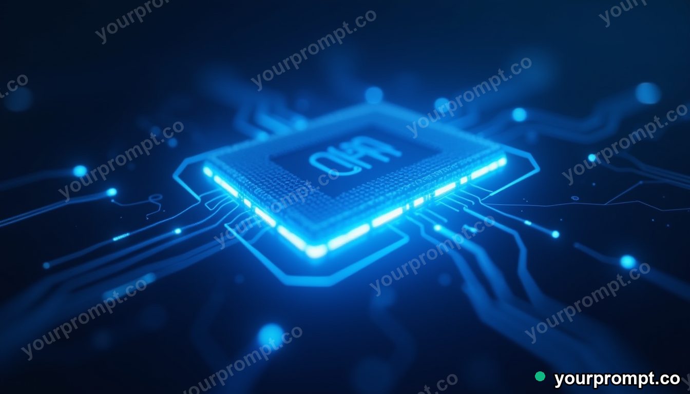 An elegant abstract AI core pulsing with soft blue light in polished advertising render style — AI-generated image from a text prompt