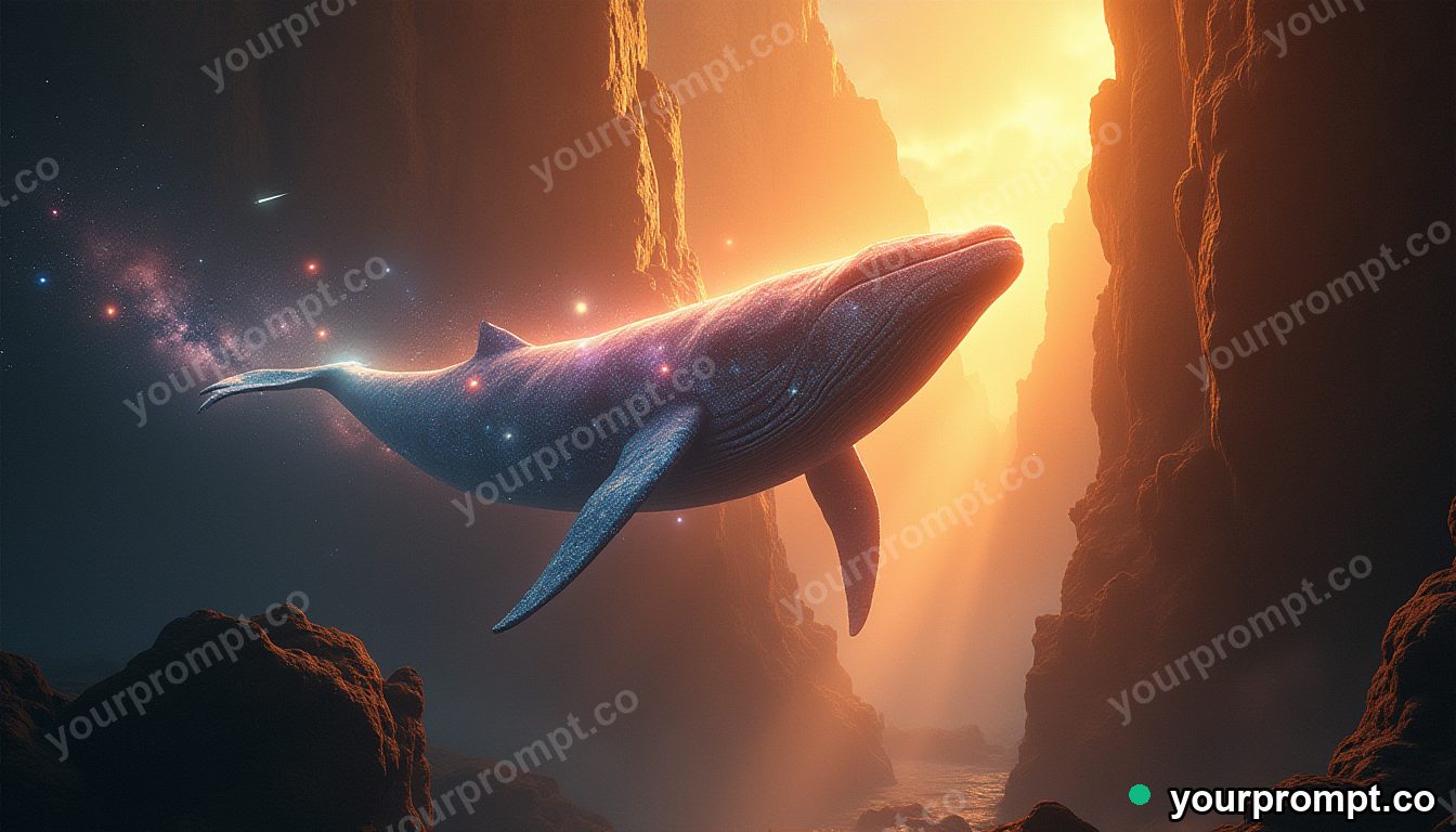 A colossal sky whale made of swirling galaxies gliding through a canyon of golden light beams in cinematic film still style — AI-generated image from a text prompt