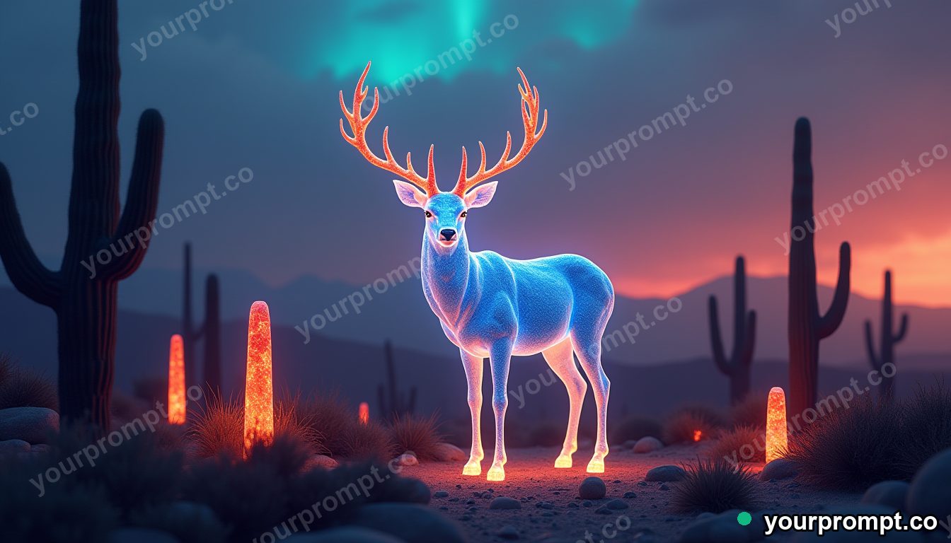 A glowing crystal stag standing in a desert of luminous cacti at dusk in matte concept painting style — AI-generated image from a text prompt