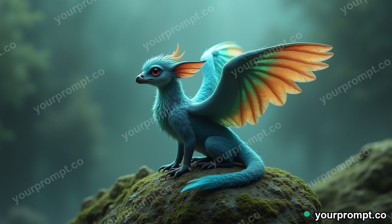 A baby griffin with iridescent peacock-feather wings perched on a mossy boulder in epic fantasy concept art style — AI-generated image from a text prompt