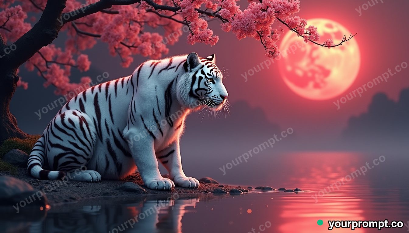 A nine-tailed white tiger glowing softly under cherry blossoms and a blood-red moon in extreme macro photograph style — AI-generated image from a text prompt