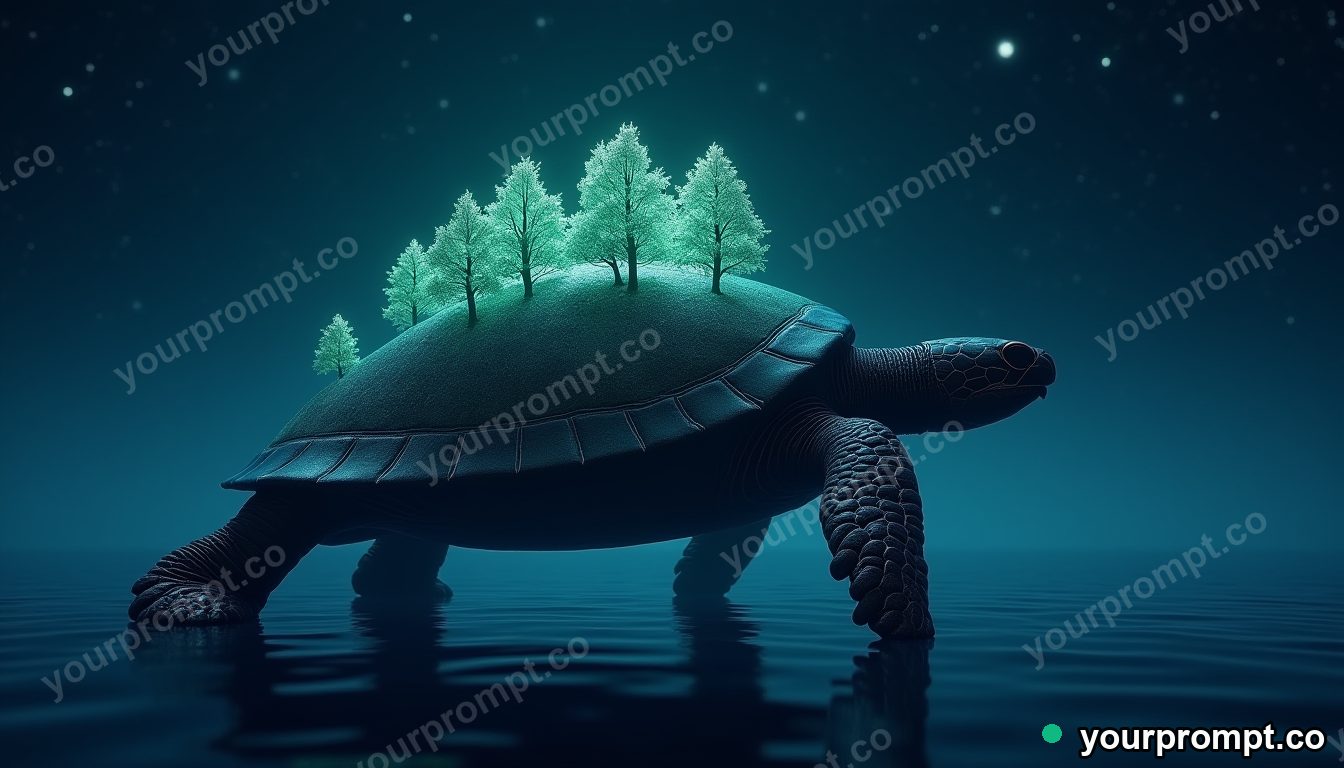 A giant turtle carrying a glowing bioluminescent forest on its shell across a starlit sea in hyperrealistic 3D render style — AI-generated image from a text prompt