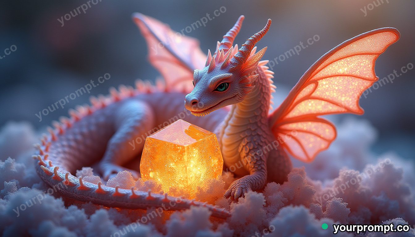 A dragon with shimmering iridescent butterfly-wing scales curled around a molten-gold crystal in dreamy pastel style — AI-generated image from a text prompt