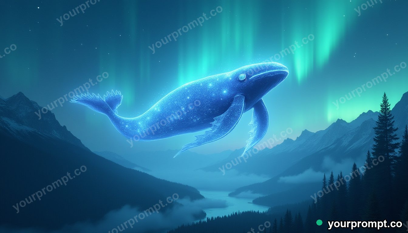A luminous jellyfish-whale drifting above a misty mountain valley under auroras in photorealistic style — AI-generated image from a text prompt