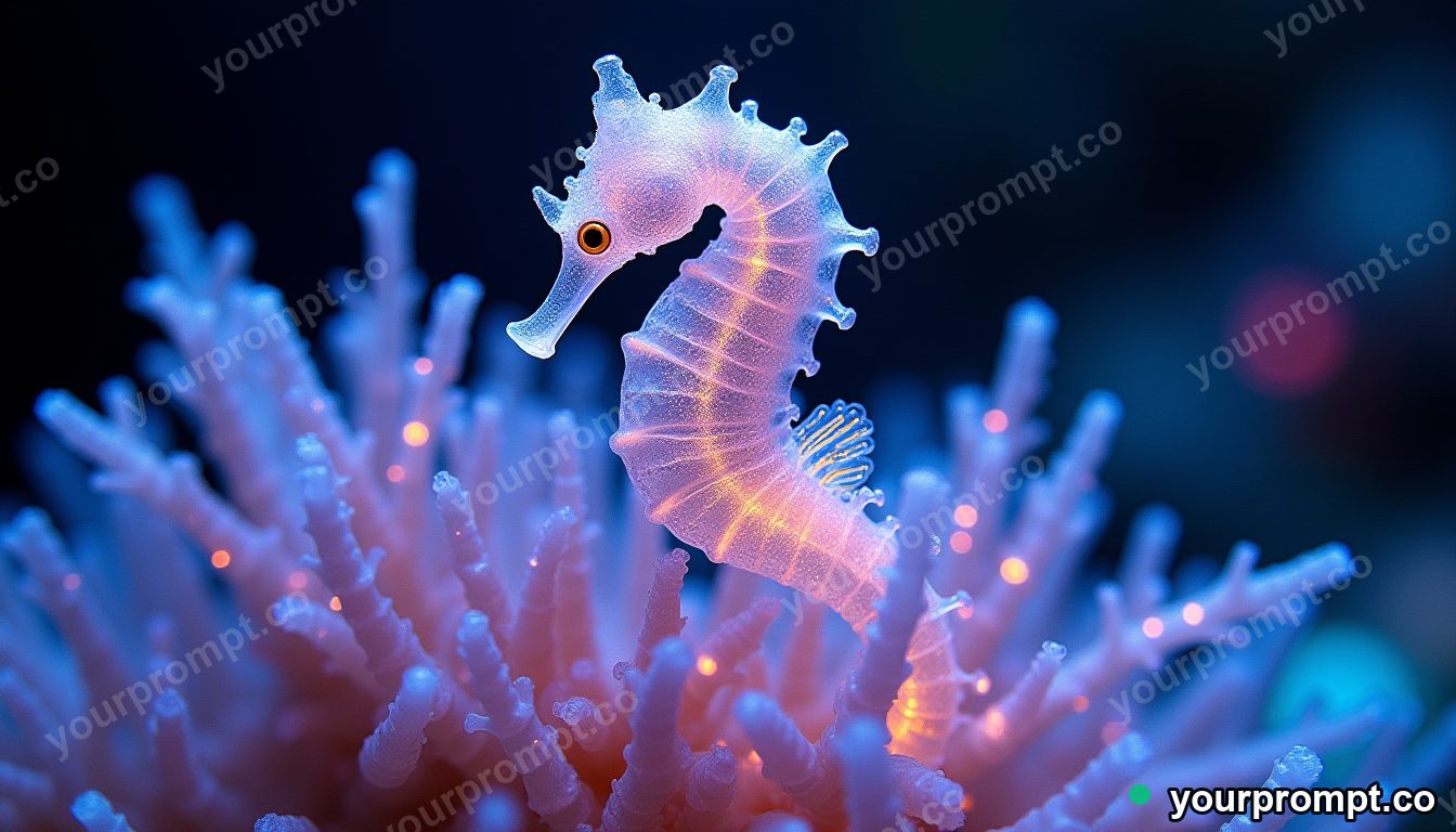 A seahorse made of glowing crystal among a reef of light, extreme macro in extreme macro photograph style — AI-generated image from a text prompt
