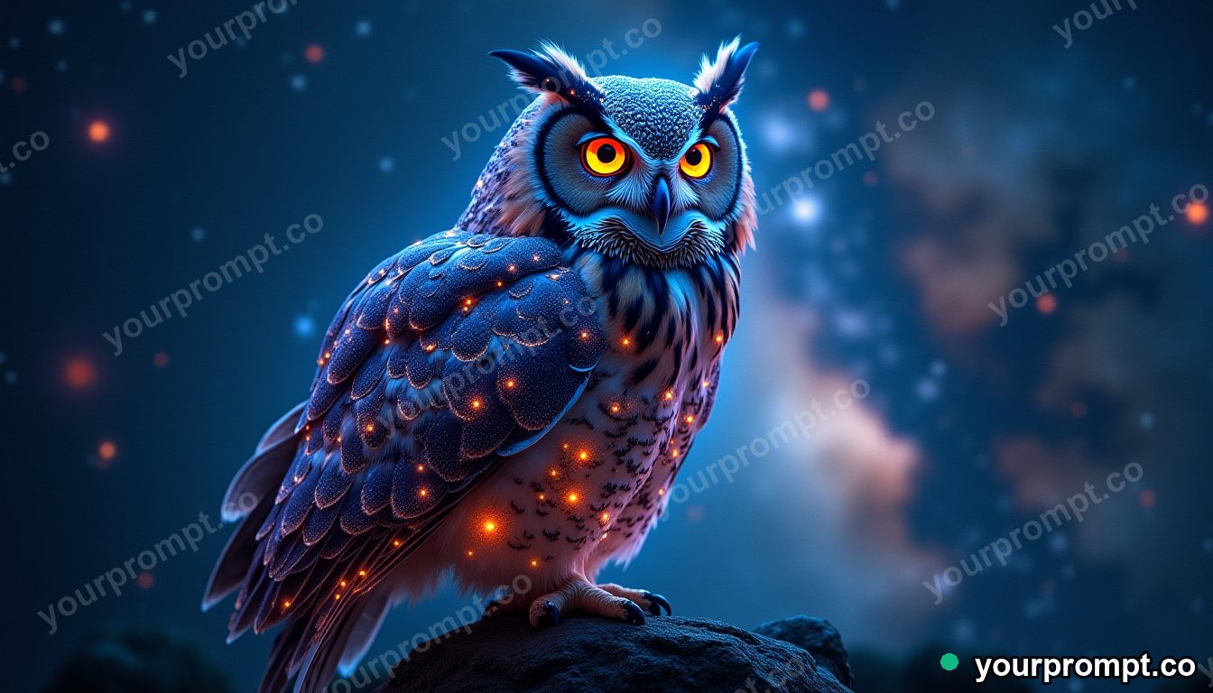 A great owl with feathers of swirling galaxies perched beneath the milky way in ethereal long-exposure style — AI-generated image from a text prompt