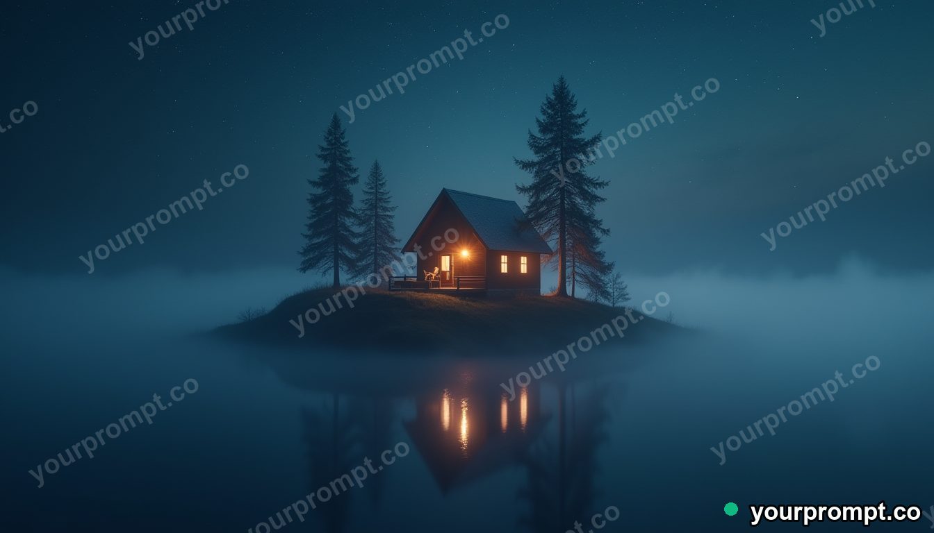 A cozy glowing cabin perched on a floating island in a sea of stars in cinematic film still style — AI-generated image from a text prompt